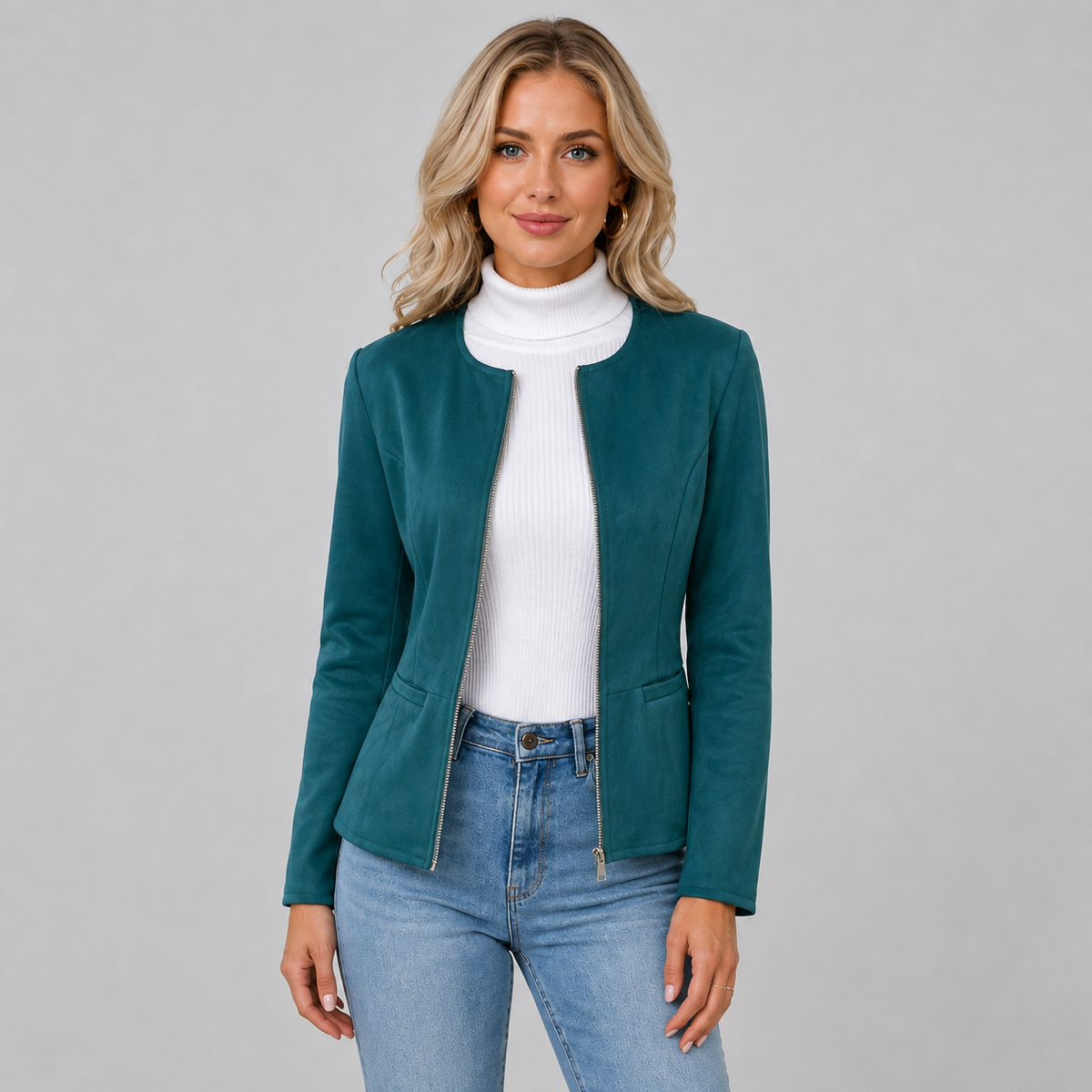 Veste courte cintrée en suédine à encolure ronde pour femme