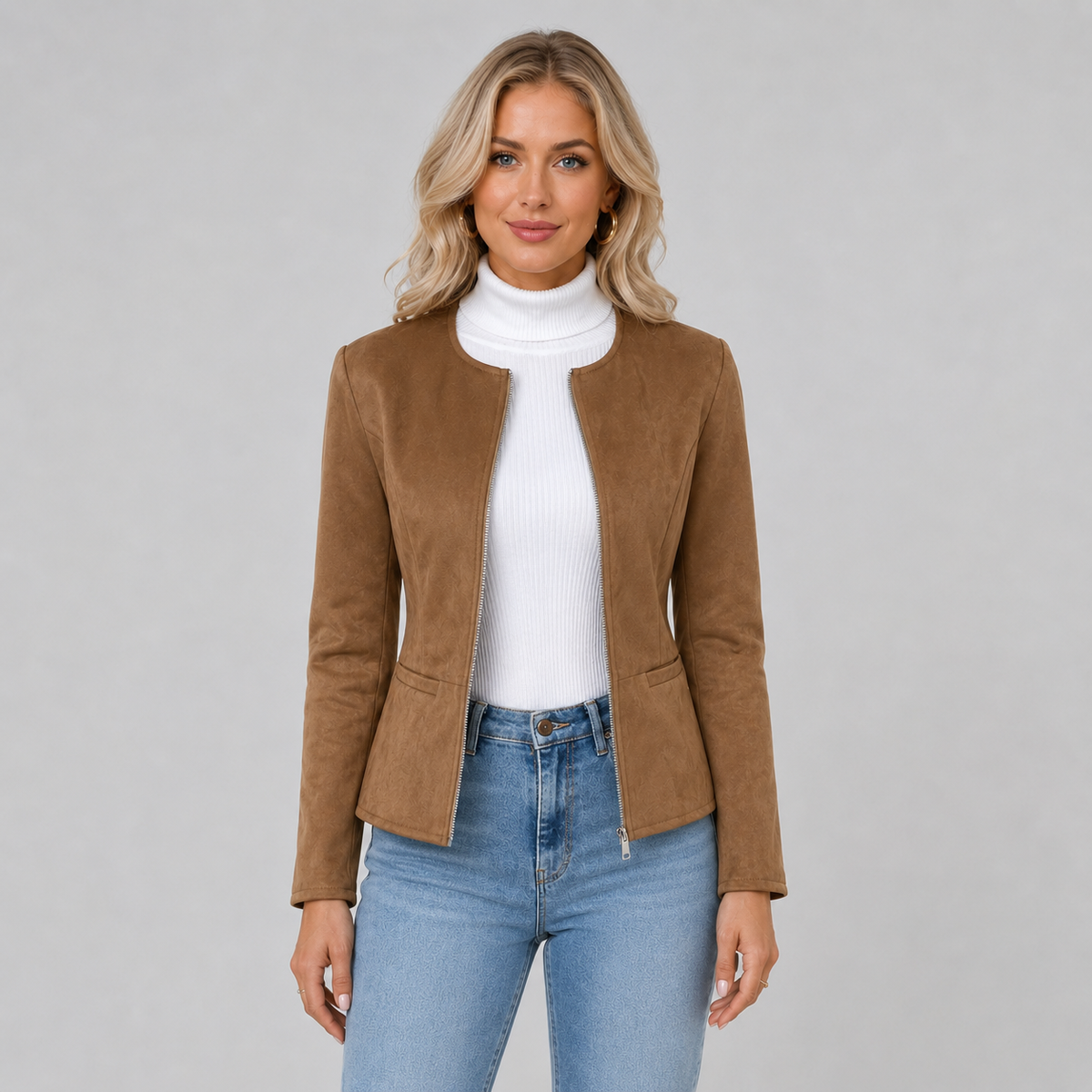 Veste courte cintrée en suédine à encolure ronde pour femme