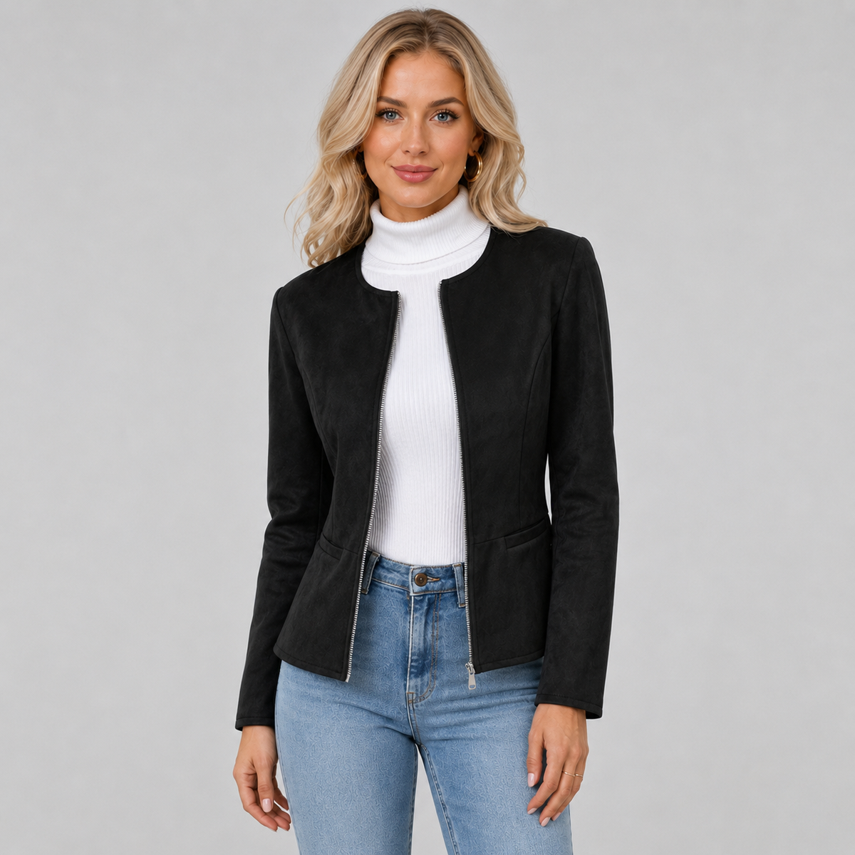 Veste courte cintrée en suédine à encolure ronde pour femme