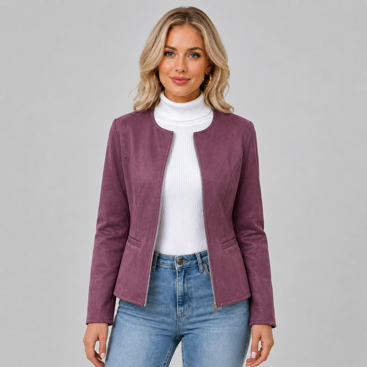 Veste courte cintrée en suédine à encolure ronde pour femme