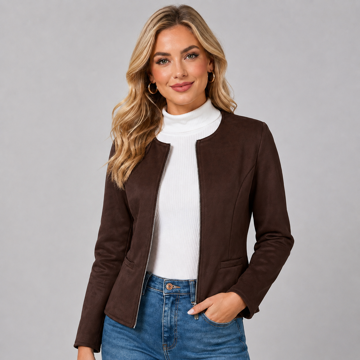 Veste courte cintrée en suédine à encolure ronde pour femme