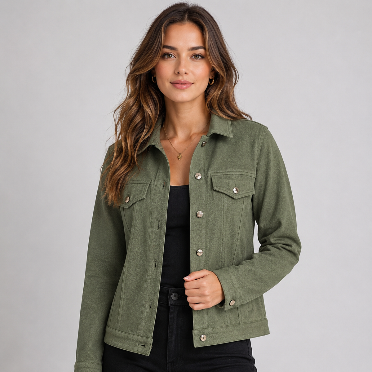 Veste boutonnée effet daim à poches poitrine pour femme