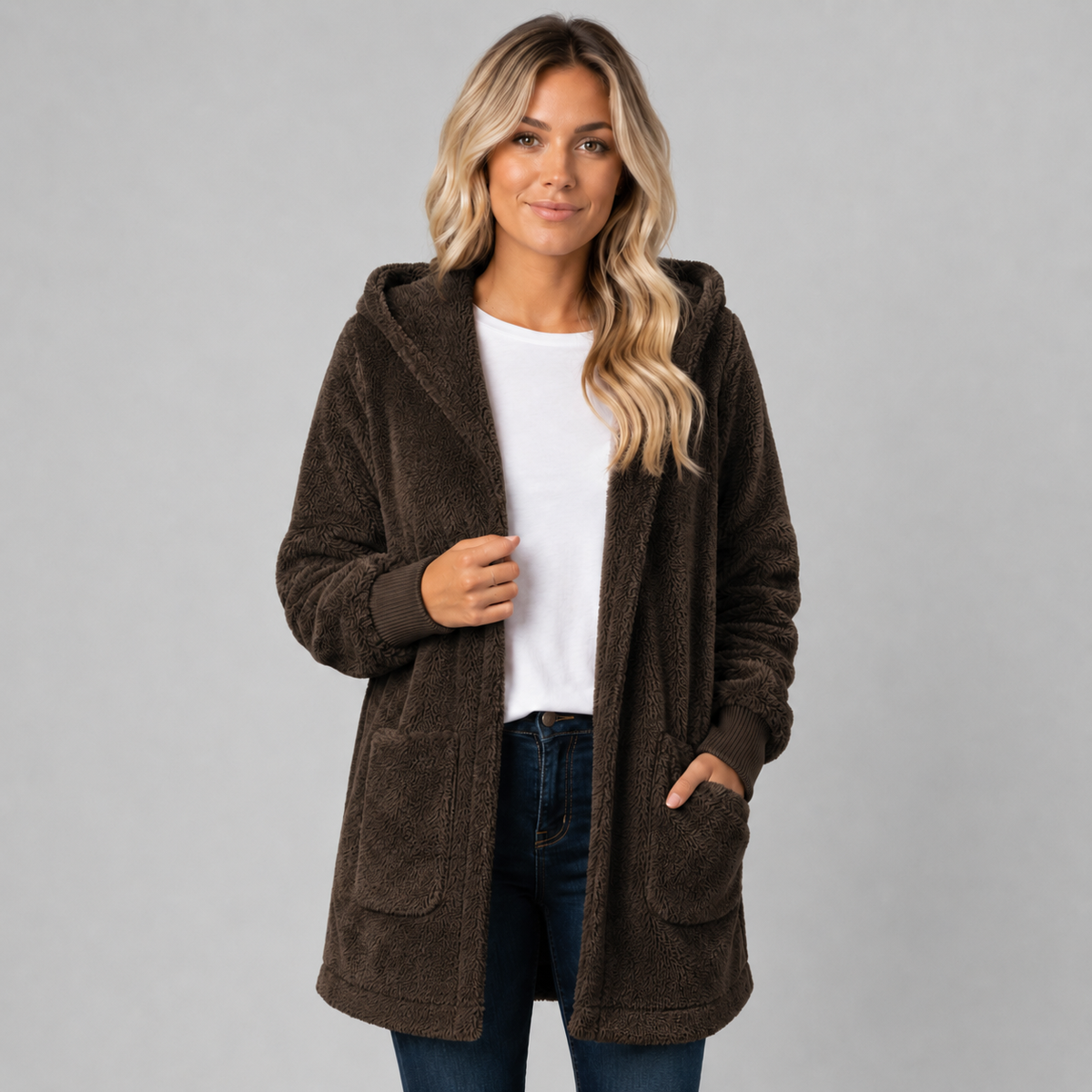 Cardigan long en polaire douce à capuche pour femme