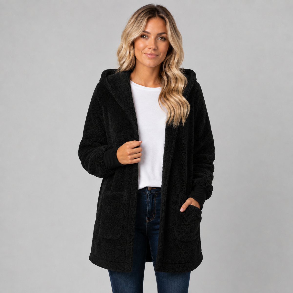 Cardigan long en polaire douce à capuche pour femme