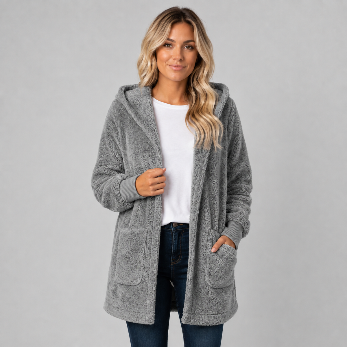 Cardigan long en polaire douce à capuche pour femme