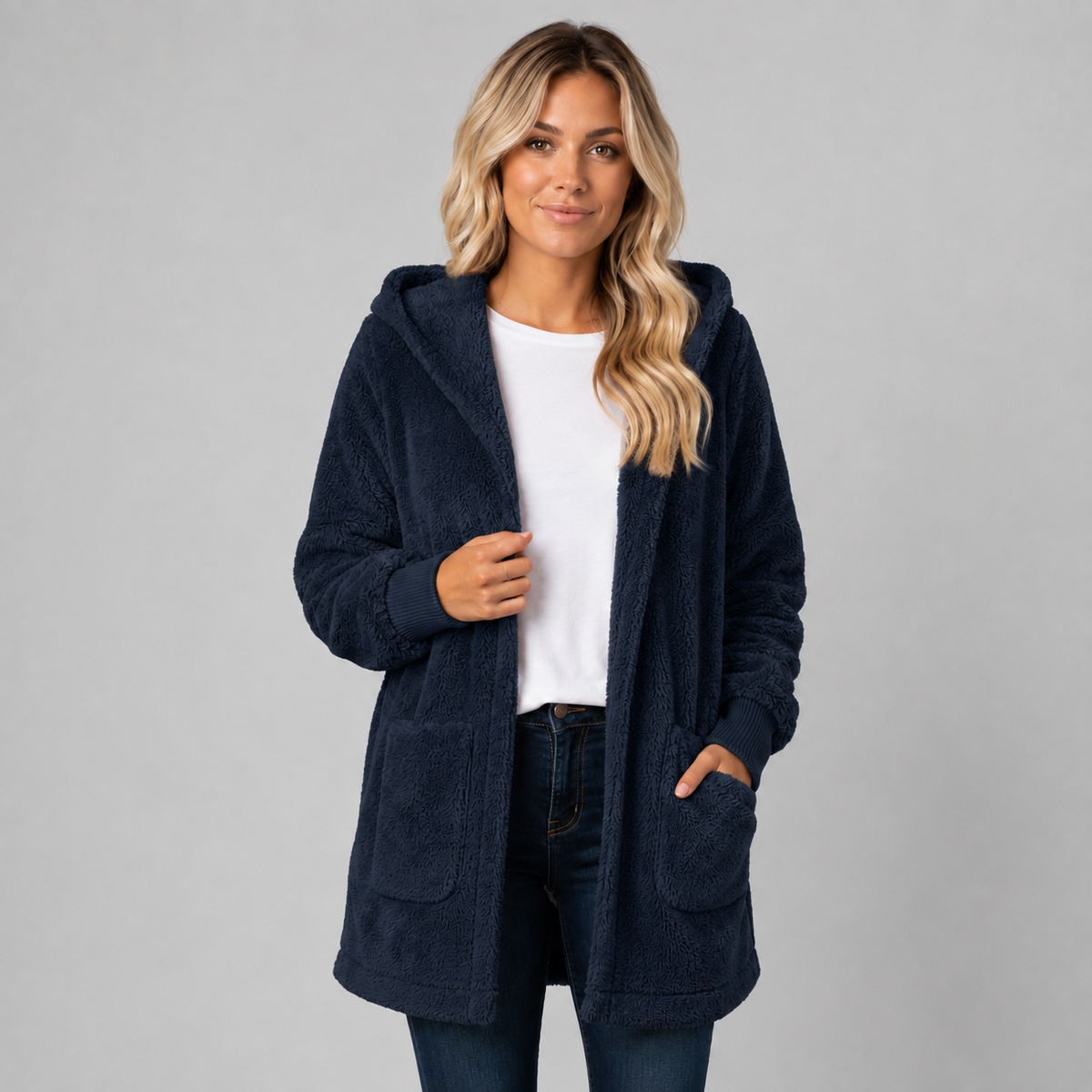 Cardigan long en polaire douce à capuche pour femme