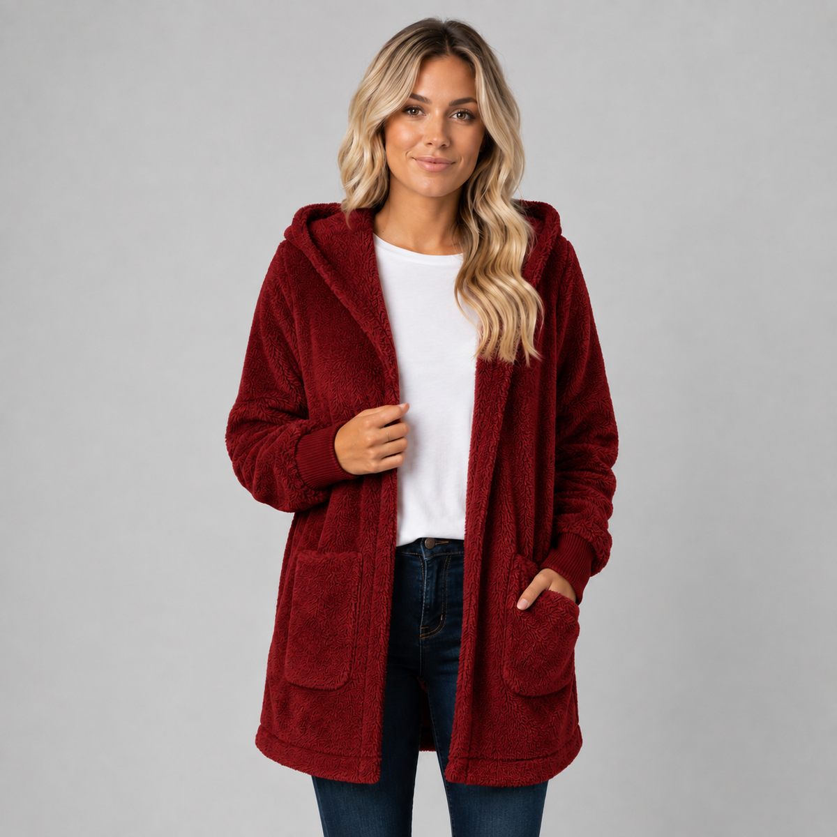 Cardigan long en polaire douce à capuche pour femme