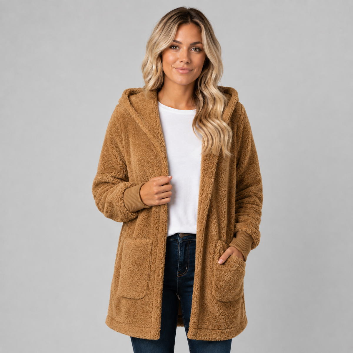 Cardigan long en polaire douce à capuche pour femme