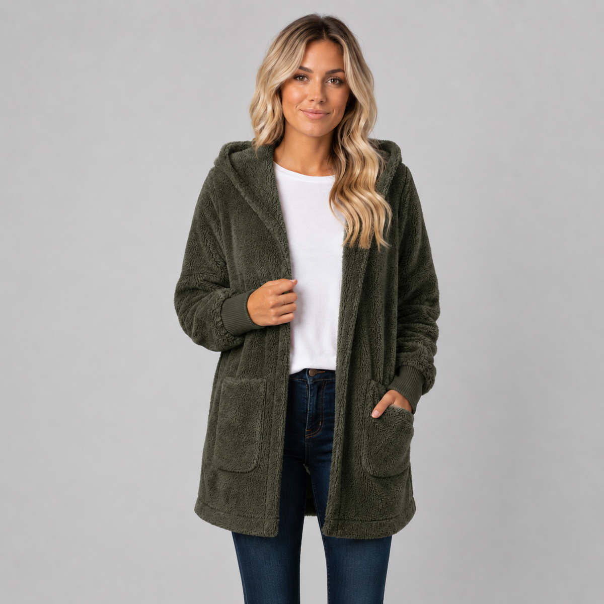Cardigan long en polaire douce à capuche pour femme