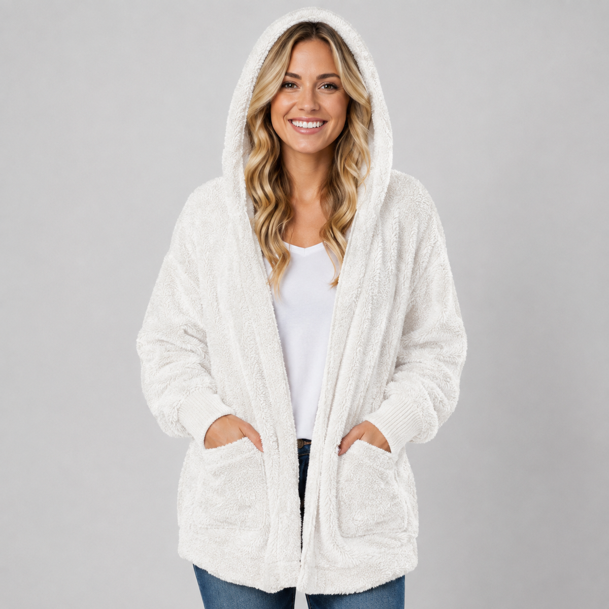 Cardigan long en polaire douce à capuche pour femme