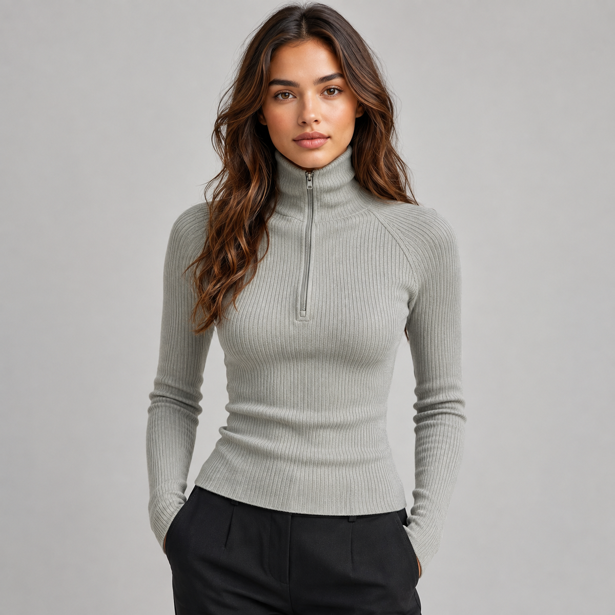 Top côtelé à col roulé zippé et manches longues pour femme