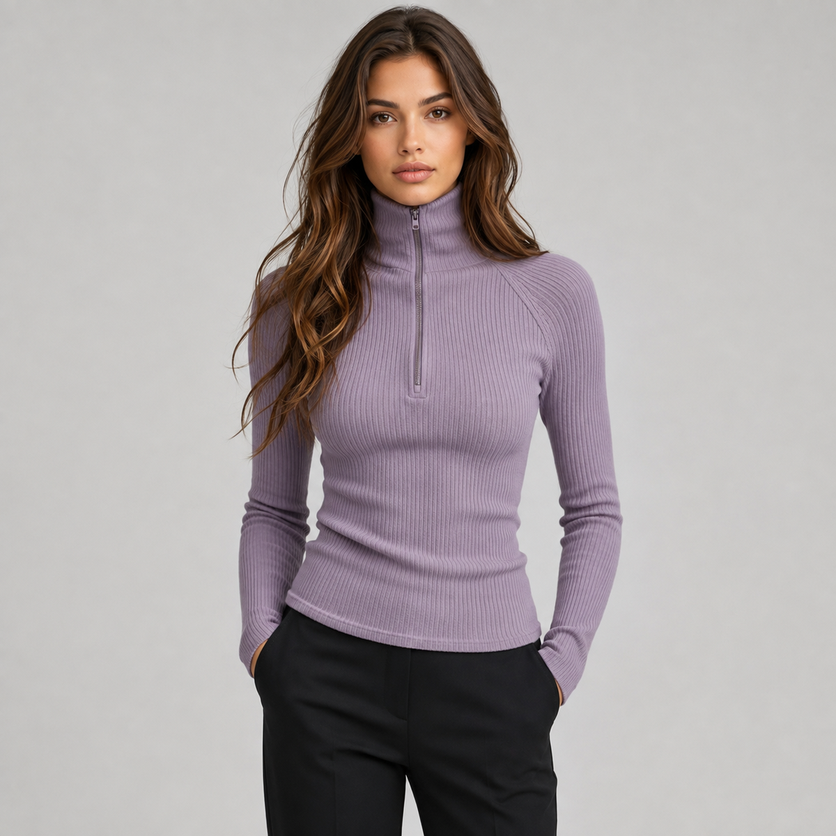 Top côtelé à col roulé zippé et manches longues pour femme
