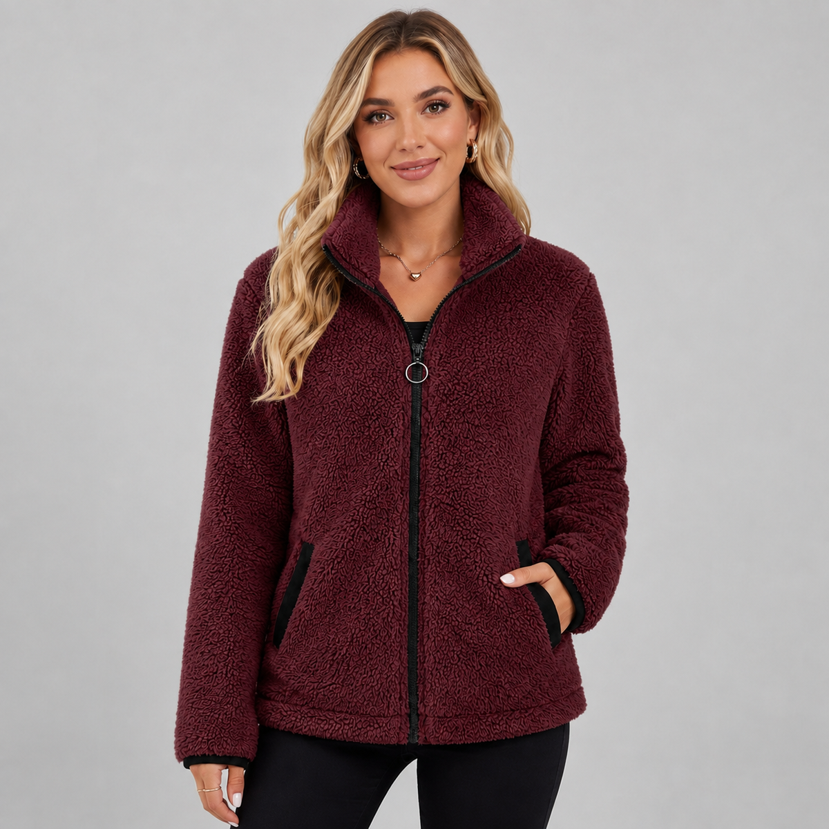 Veste polaire peluche zippée à passepoil contrastant pour femme