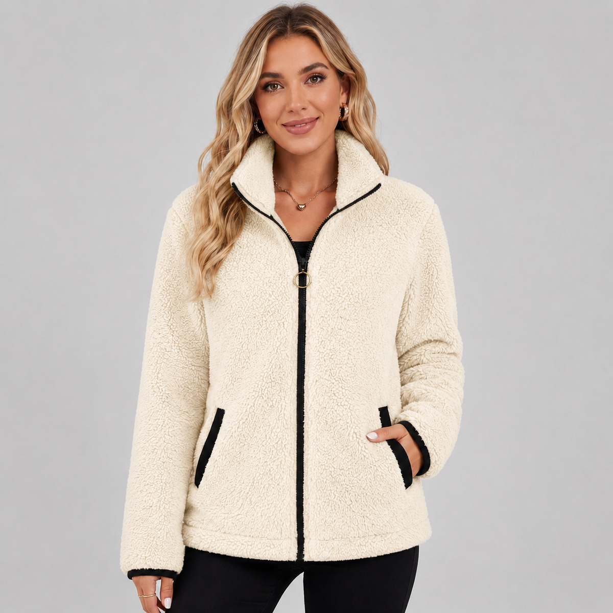 Veste polaire peluche zippée à passepoil contrastant pour femme