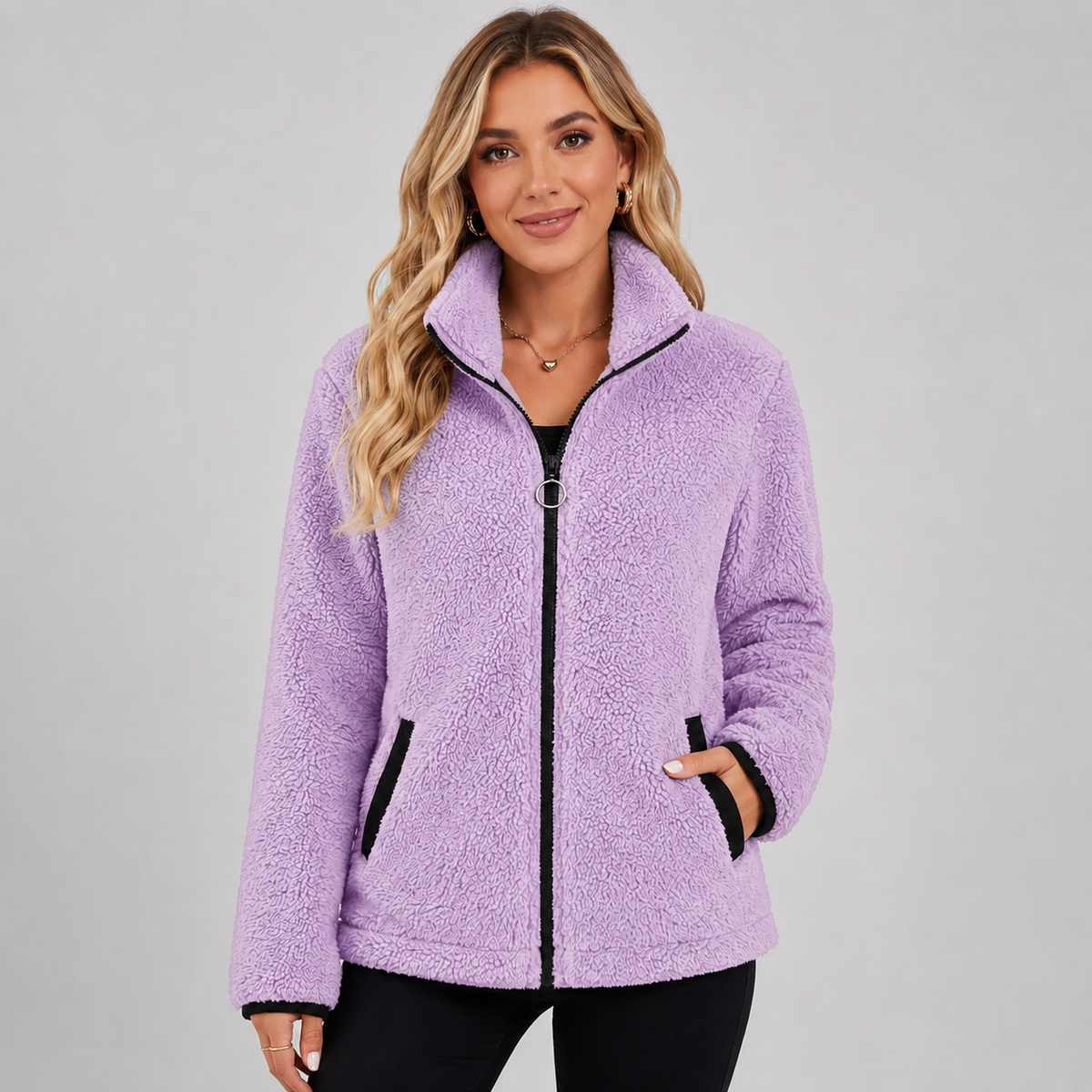 Veste polaire peluche zippée à passepoil contrastant pour femme