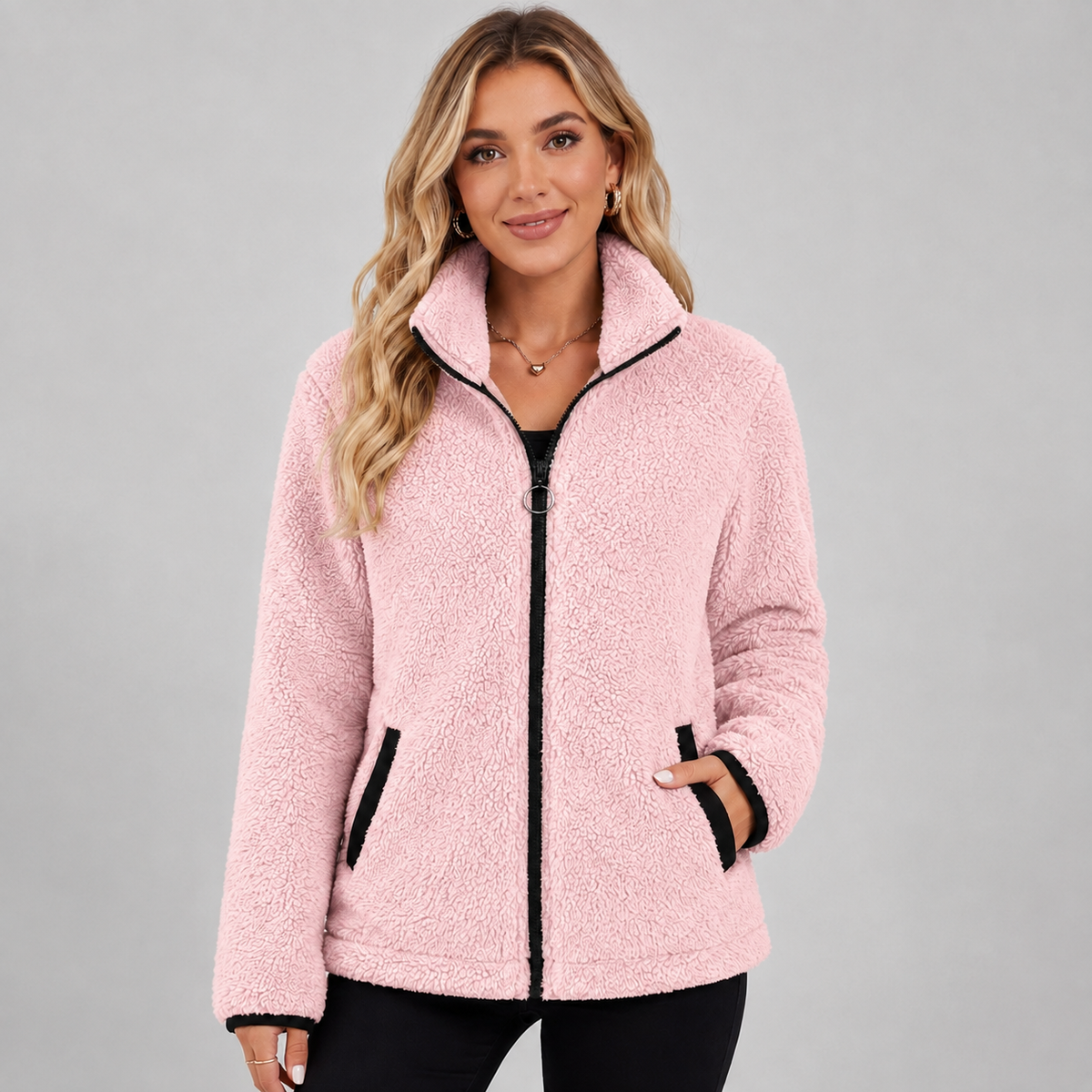 Veste polaire peluche zippée à passepoil contrastant pour femme