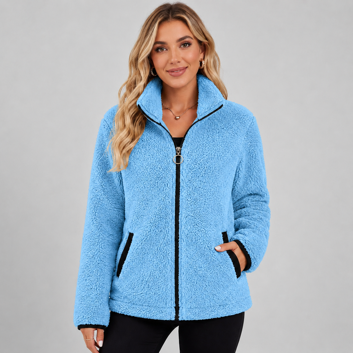 Veste polaire peluche zippée à passepoil contrastant pour femme
