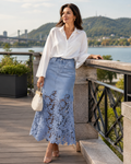 Jupe longue en denim taille haute à bordure de dentelle florale pour femme