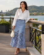 Jupe longue en denim taille haute à bordure de dentelle florale pour femme