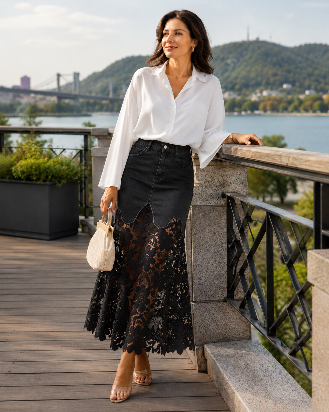 Jupe longue en denim taille haute à bordure de dentelle florale pour femme