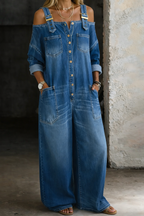 Salopette en denim à épaules dégagées pour femme