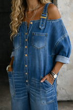 Salopette en denim à épaules dégagées pour femme