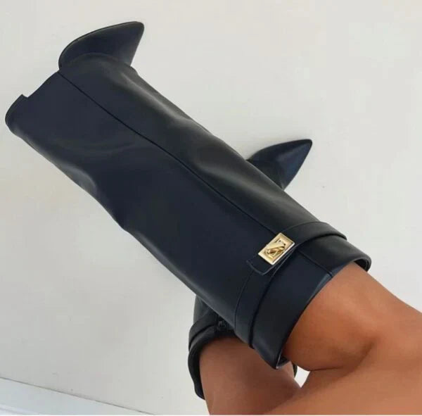 Bottes Hautes Femme En Daim À Talon Compensé Et Boucle Dorée