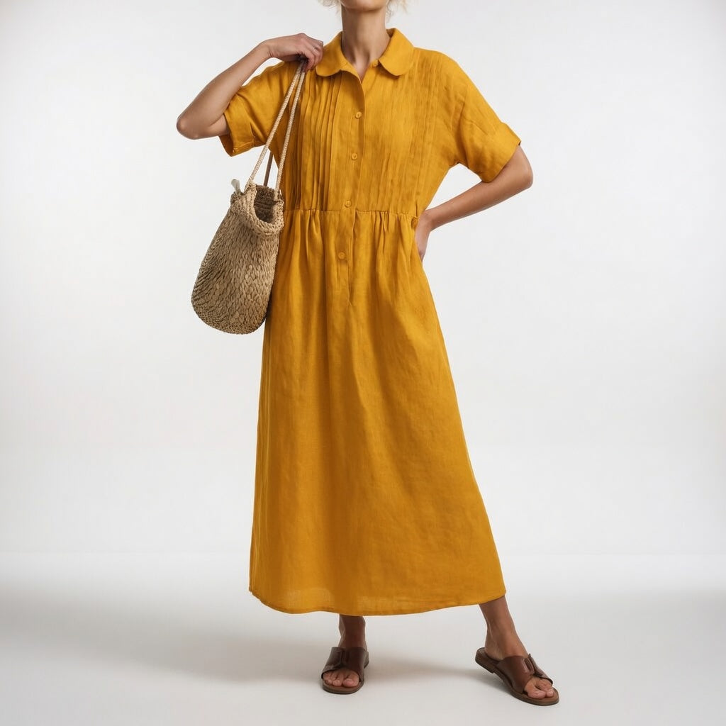 Robe Chemisier Longue Femme En Coton À Manches Courtes