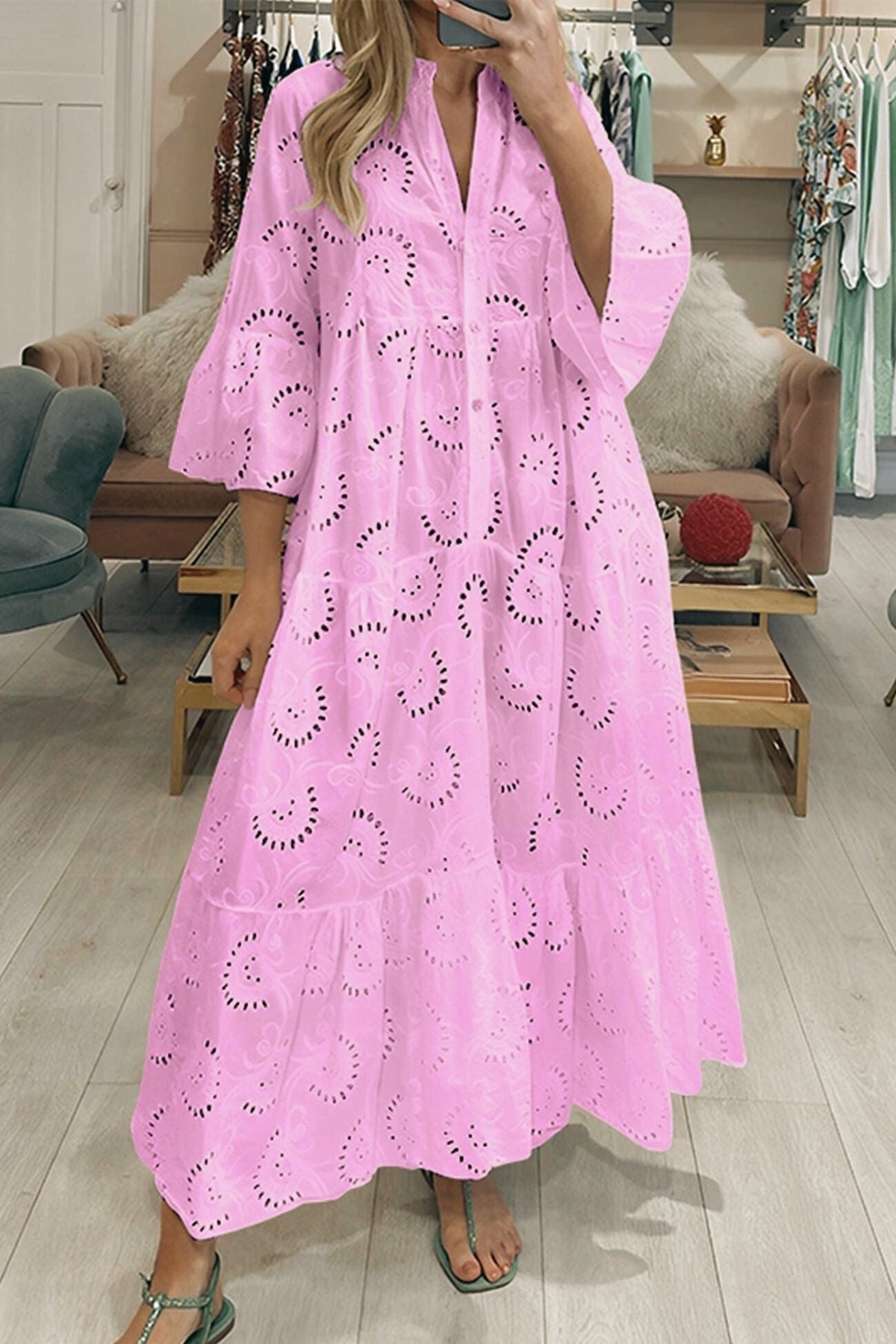 Robe Longue Femme En Coton Brodé Col V Manches Évasées