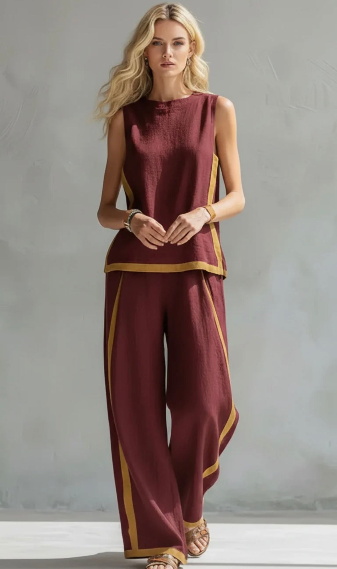 Ensemble haut sans manches et pantalon large en coton et lin pour femme