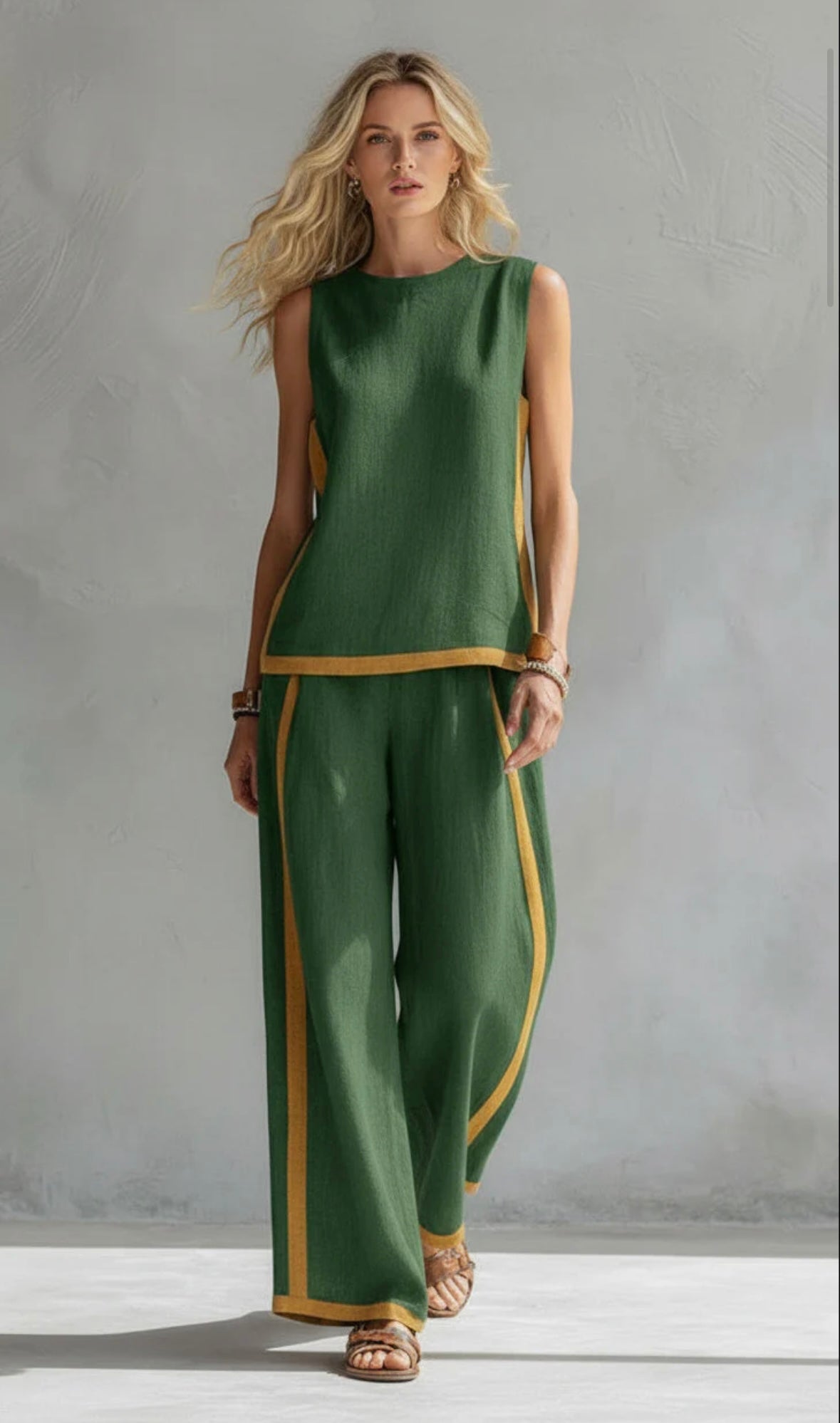 Ensemble haut sans manches et pantalon large en coton et lin pour femme