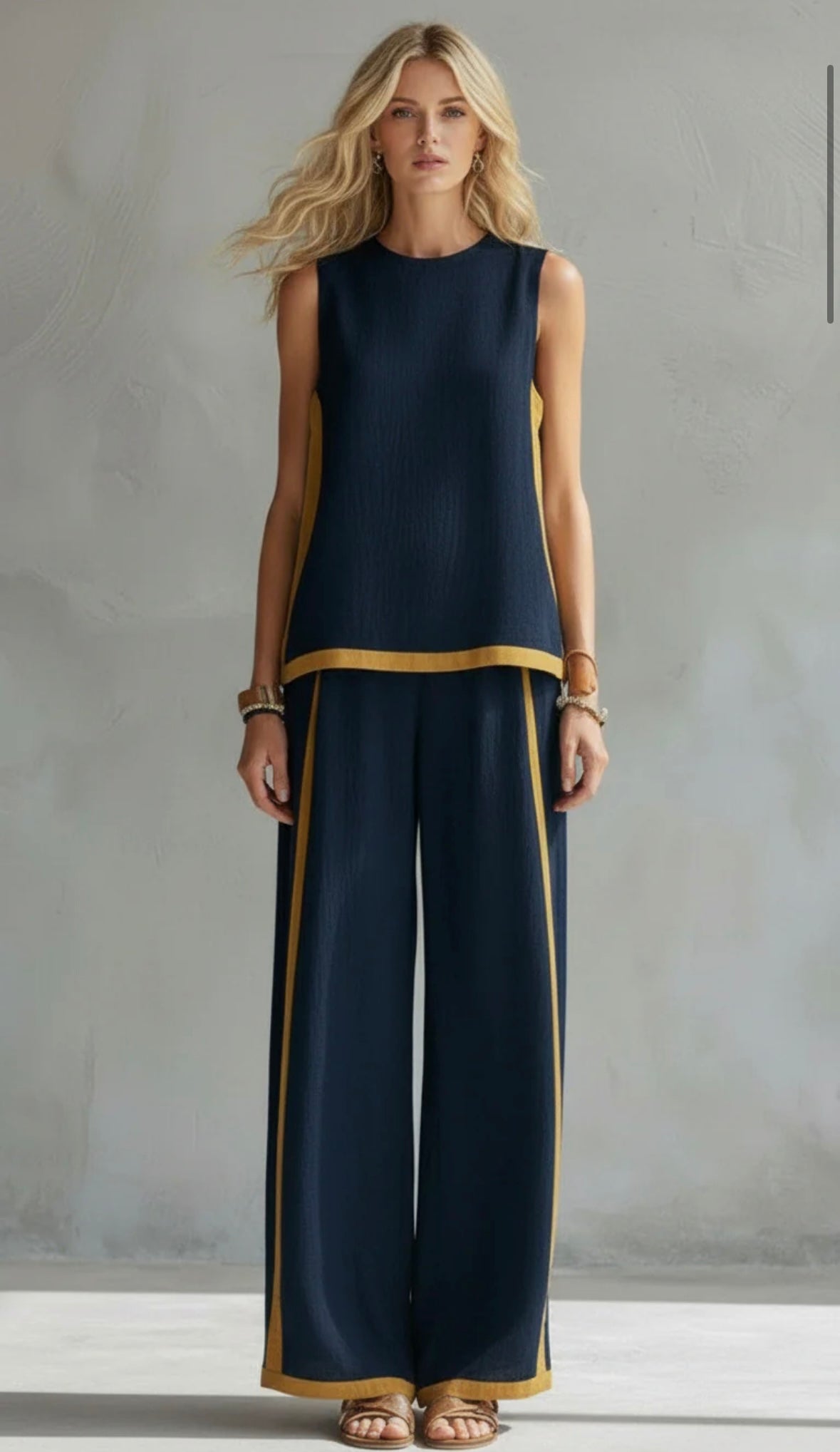 Ensemble haut sans manches et pantalon large en coton et lin pour femme
