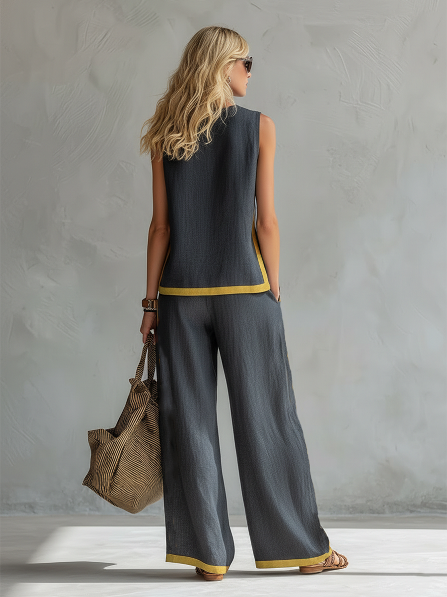Ensemble haut sans manches et pantalon large en coton et lin pour femme