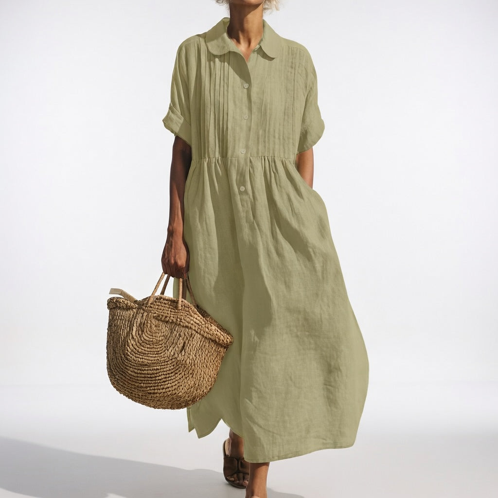 Robe Chemisier Longue Femme En Coton À Manches Courtes