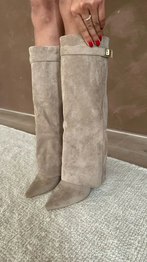 Bottes Hautes Femme En Daim À Talon Compensé Et Boucle Dorée