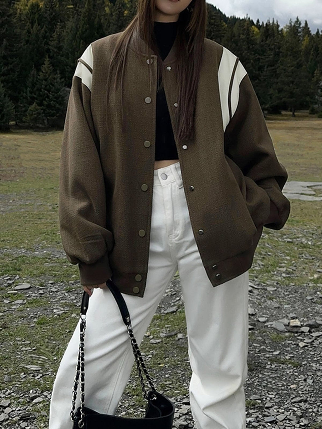 Blouson Universitaire Femme Oversize À Manches Contrastées