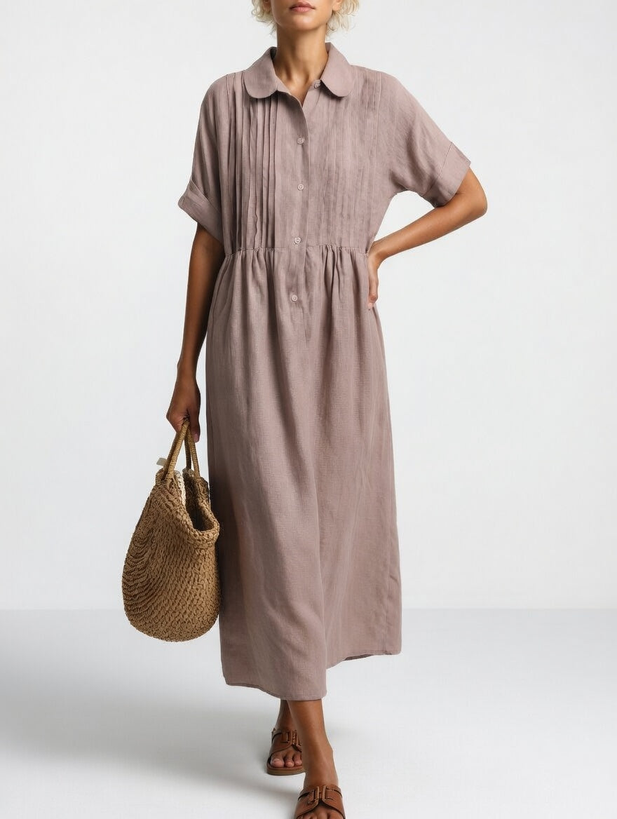 Robe Chemisier Longue Femme En Coton À Manches Courtes