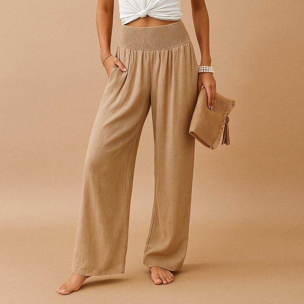 Pantalon En Lin Femme Taille Haute Élastique Coupe Droite