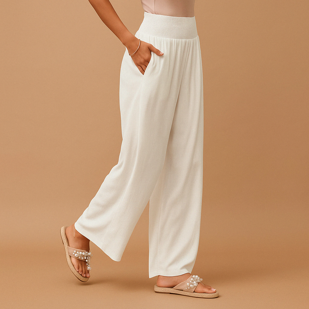 Pantalon En Lin Femme Taille Haute Élastique Coupe Droite