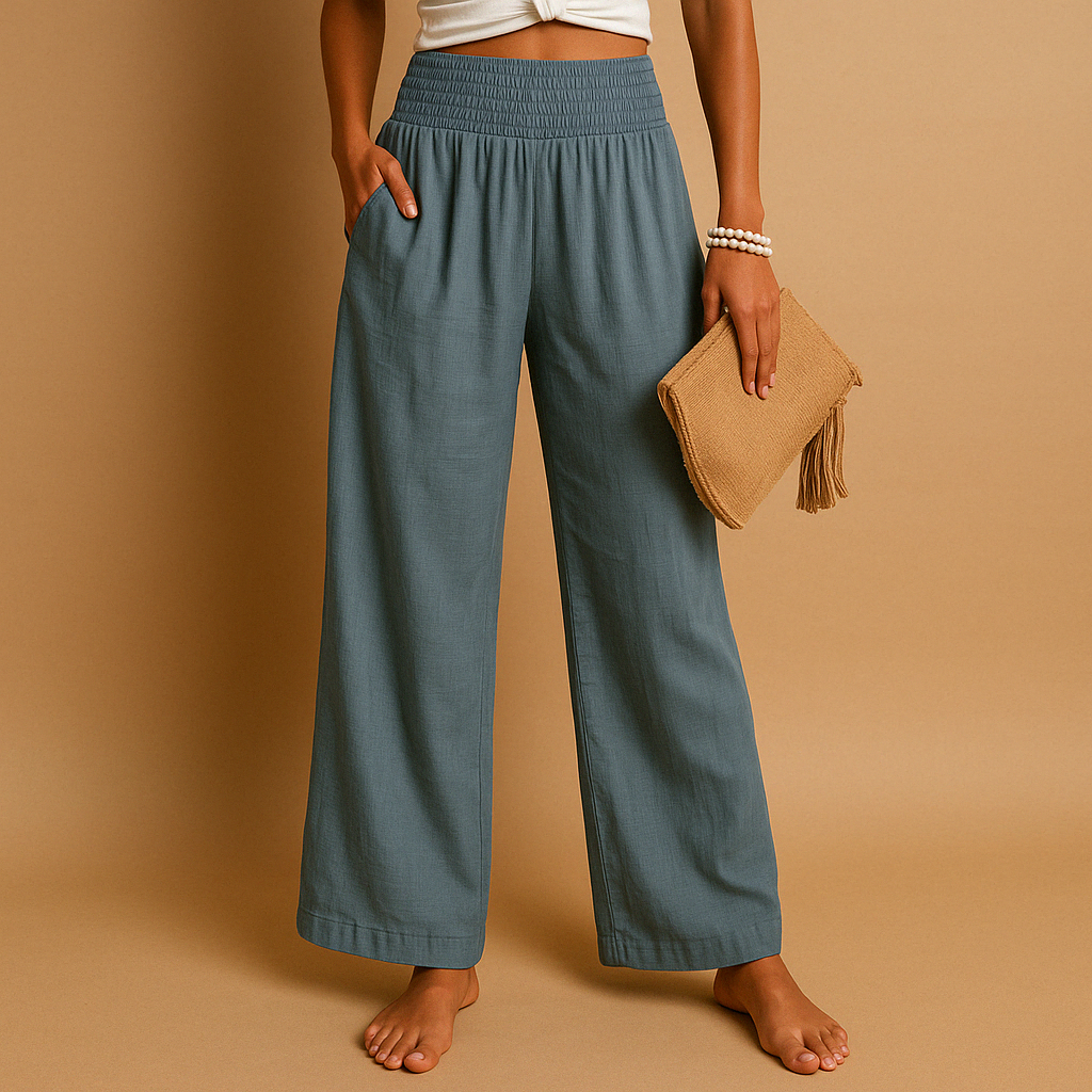 Pantalon En Lin Femme Taille Haute Élastique Coupe Droite