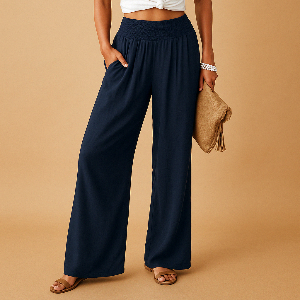 Pantalon En Lin Femme Taille Haute Élastique Coupe Droite