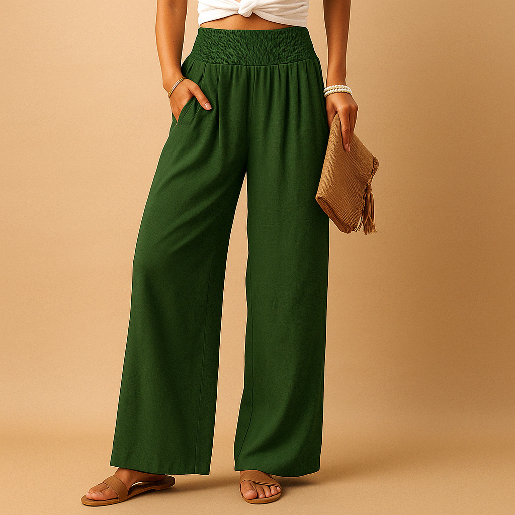 Pantalon En Lin Femme Taille Haute Élastique Coupe Droite