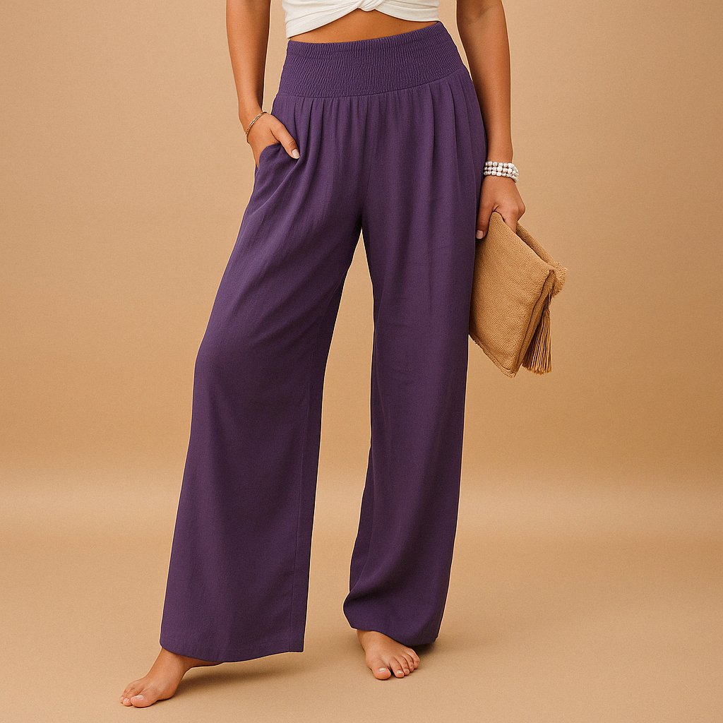 Pantalon En Lin Femme Taille Haute Élastique Coupe Droite