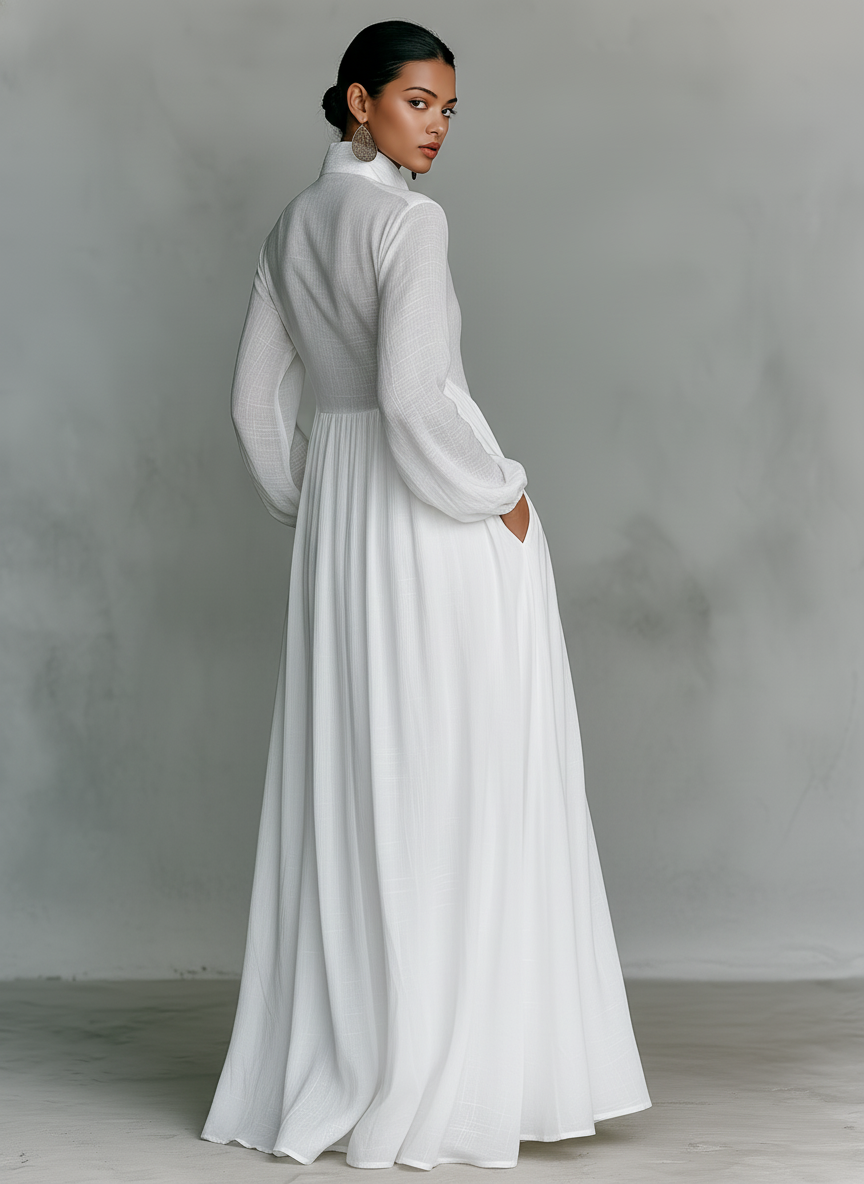 Robe Longue Femme En Coton Et Lin Col Montant Manches Longues