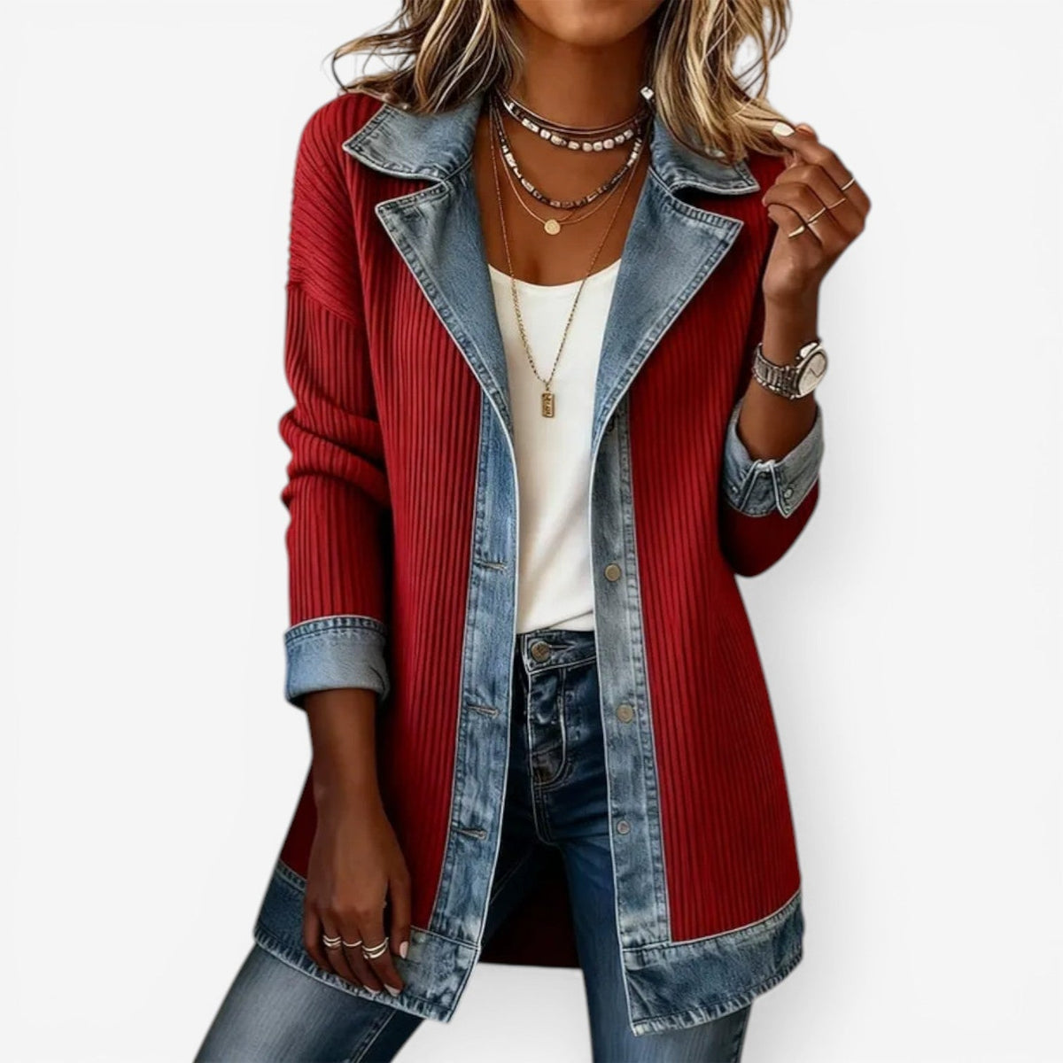 Veste boutonnée à col superposé en maille et détails denim pour femme