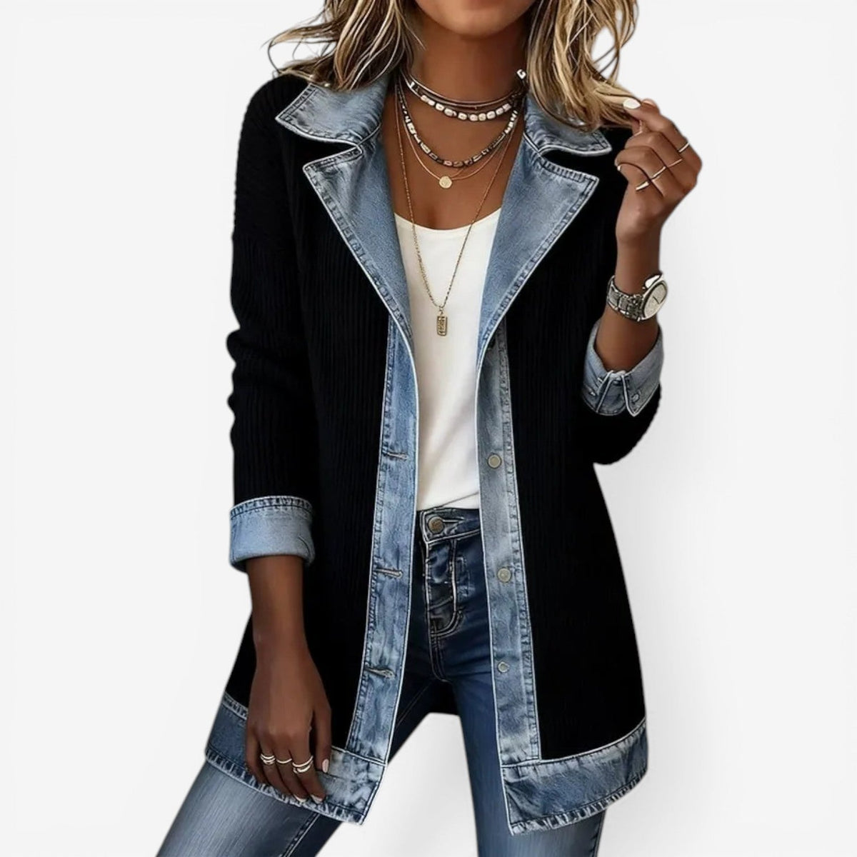 Veste boutonnée à col superposé en maille et détails denim pour femme