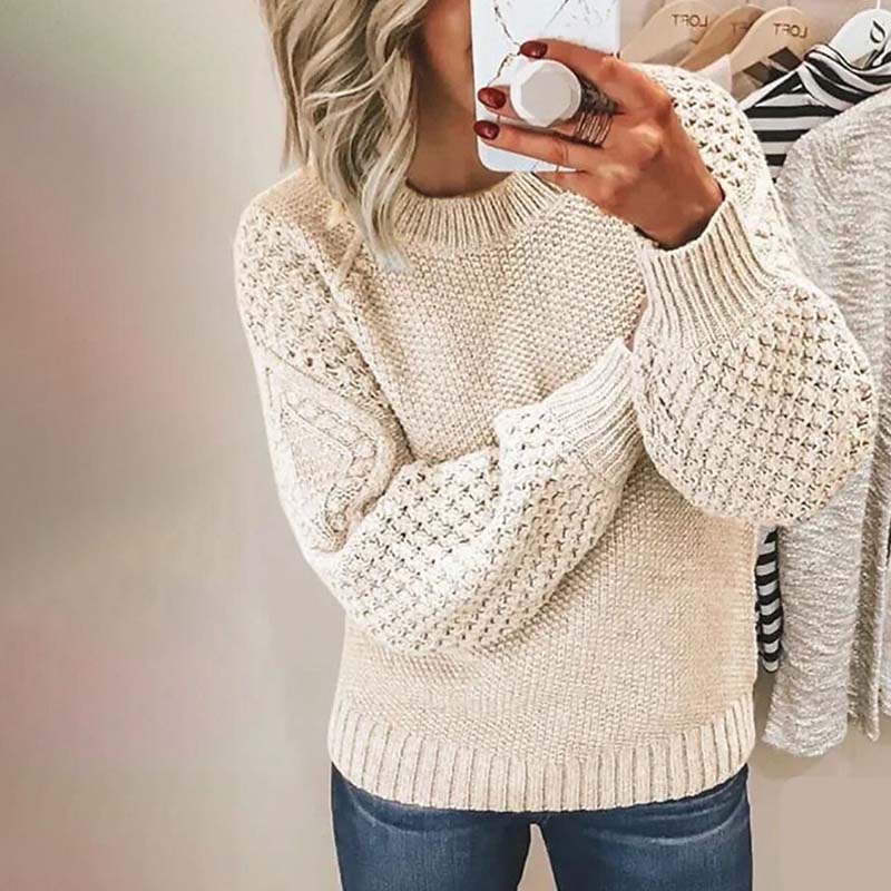 Pull Femme En Maille À Col Rond Et Manches Lanterne