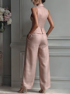Ensemble Femme Deux Pièces Col V Sans Manches Pantalon Large