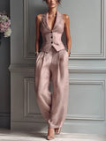 Ensemble Femme Deux Pièces Col V Sans Manches Pantalon Large
