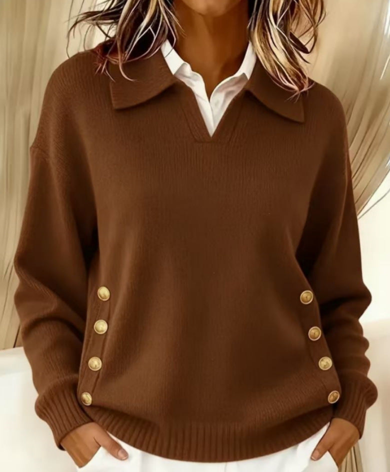 Pull Femme Col V En Mélange De Laine À Boutons Dorés